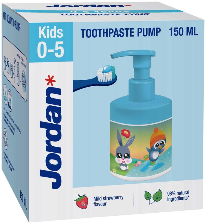 Jordan Kids 0-5-v lasten hammastahna pumppupullo Mild strawberry flavour 150ml