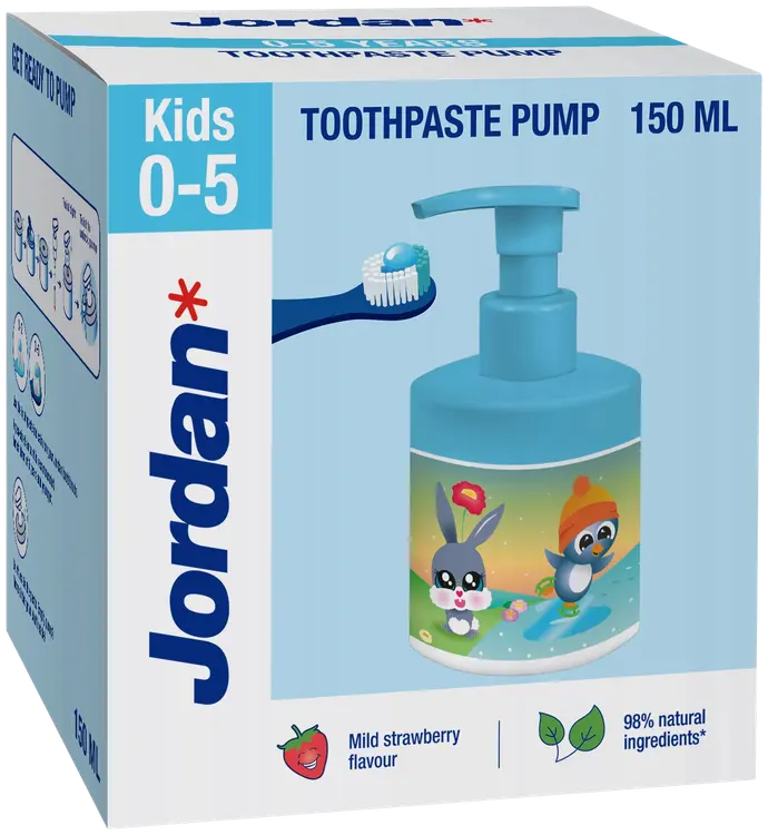 Jordan Kids 0-5-v lasten hammastahna pumppupullo Mild strawberry flavour 150ml