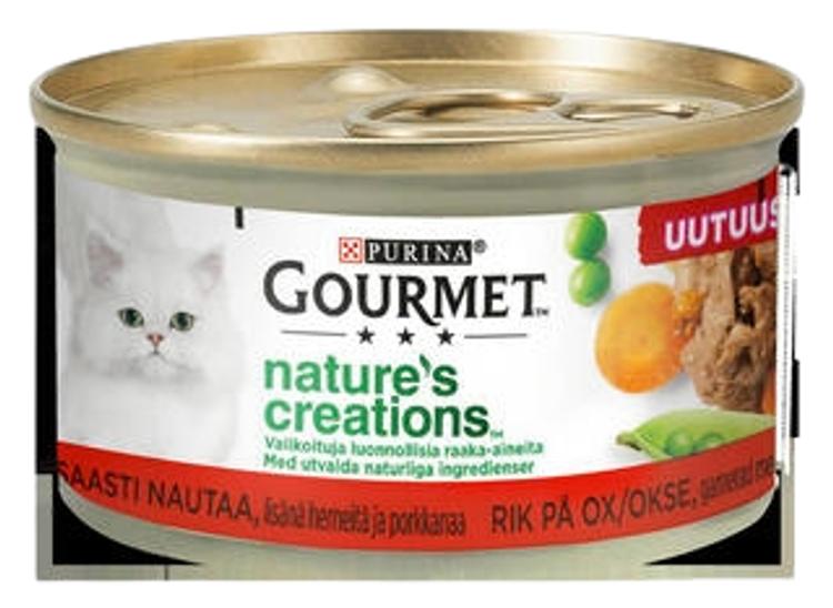 Purina Gourmet Nature’s Creations täissööt kassidele rohke veiseliha ja lisatud herneste ja porganditega
