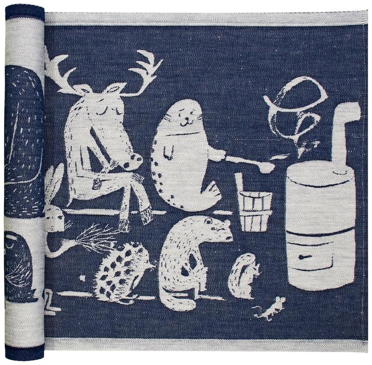 Lapuan Kankurit Eläinten Sauna laudeliina valko-sininen pellava-puuvilla 46x150cm