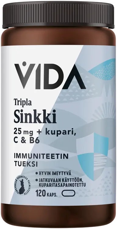 Vida Tripla Sinkki 25 mg + Kupari, C & B6 ravintolisä 120 kaps / 60 g