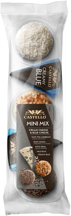 Arla Castello 5 x 20 g MiniMix  2 kpl sinihome à 20g, , ananas-, manteli 20g,  mustapippuri 20g, lime-kookos 20g juustolajitelma
