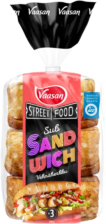 Vaasan Street Food Sub Sandwich Vehnäherkku 240 g 3 kpl vehnäsämpylä