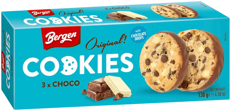 Bergen Original Bergen Cookies 3x Choco 130g suklaahippukeksejä valko- ja maitosuklaalla sekä tummasuklaalla