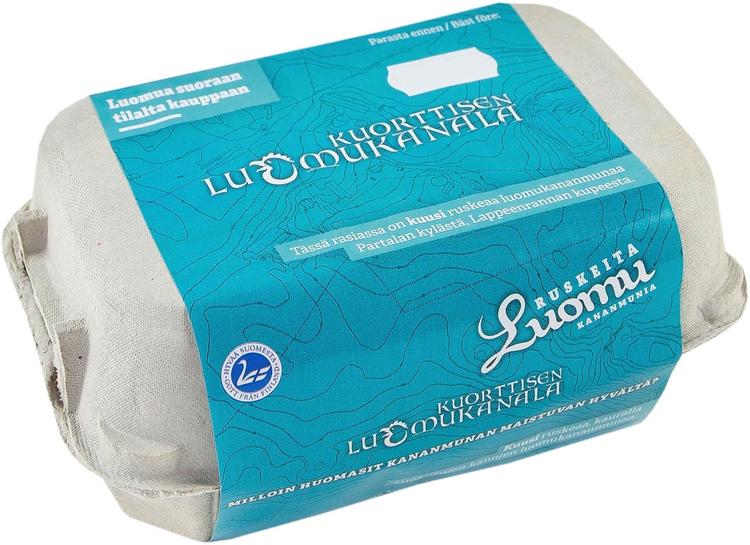 Kuorttisen luomukanala 348 g 6M Kuuden ruskean luomukananmunan rasia