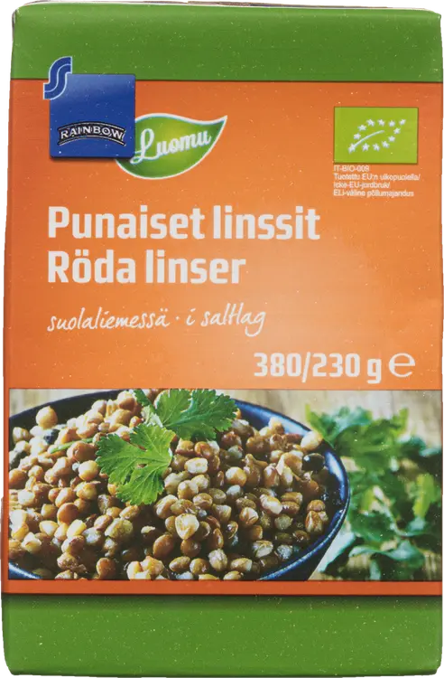 Rainbow 380/230g punaiset linssit suolaliemessä luomu