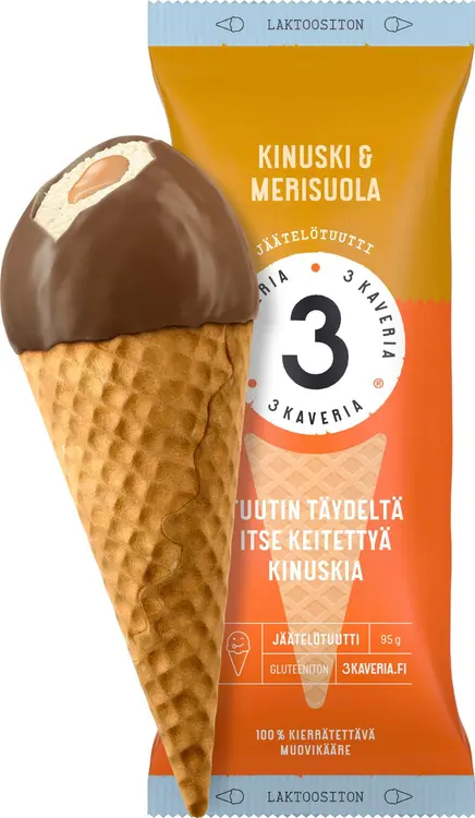Kolmen Kaverin Jäätelö Laktoositon Kinuski & Merisuola jäätelötuutti 150ml/95g