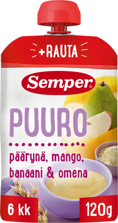 Semper Puuro päärynä mango banaani & omena 6kk käyttövalmis lastenpuuro 120g