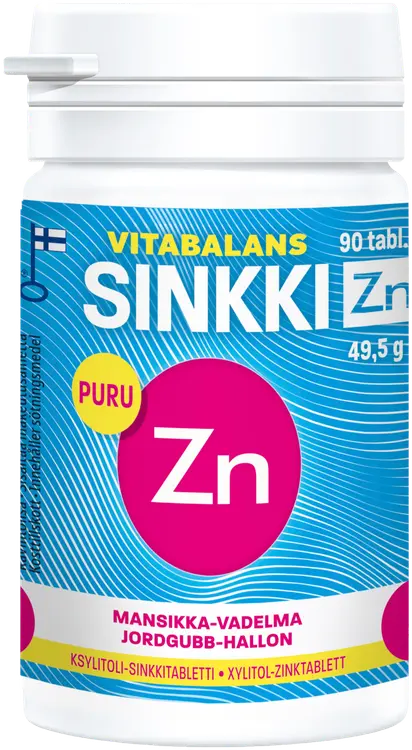 Vitabalans sinkki Zn 90 tabl., mansikan ja vadelman makuinen purutabletti