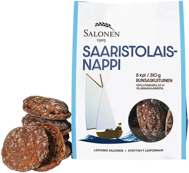 Leipomo Salonen Saaristolaisnappi 8/310 g ruisleipä, halkaistu