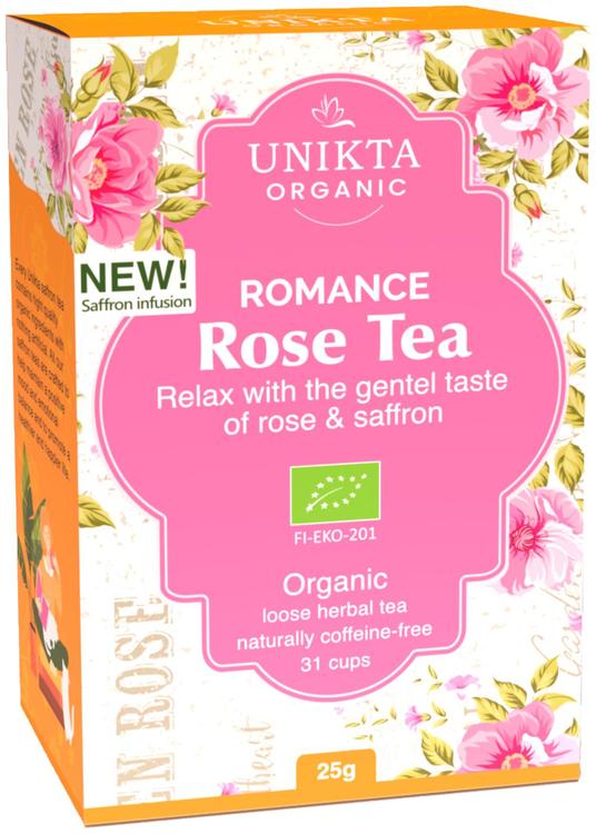 Unikta romance Rose tea. Rentouttava ja rauhoittava luomu yrttihauduke 25g irto 31 kuppia. Sisältää ruusua sahramia ja kardemummaa. Upean kukkainen maku ja makea tuoksu.
