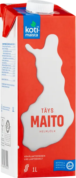 Kotimaista iskukuumennettu vähälaktoosinen täysmaito 1L