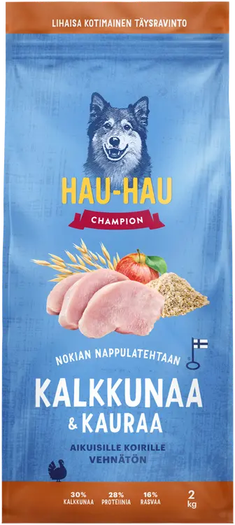 Hau-Hau Champion Nokian Nappulatehtaan Kalkkunaa & kauraa täysravinto aikuisille koirille 2 kg