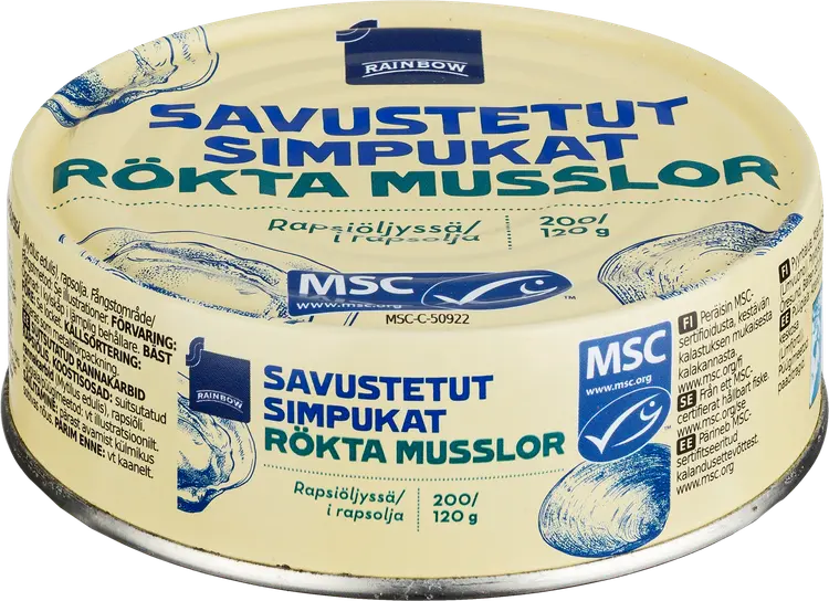 Rainbow 200/120g savustetut simpukat rapsiöljyssä MSC