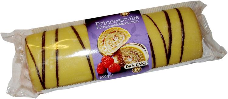 Dan Cake Prinsessa kääretorttu 350g, jossa on 13 % vadelmatäytettä, 11 % vaniljamakuista kermaa, 23% vihreää marsipaaninmakuista kuorrutetta ja 1 % suklaakuorrutetta