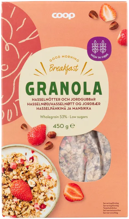 Coop granola hasselpähkinä ja mansikka 450 g