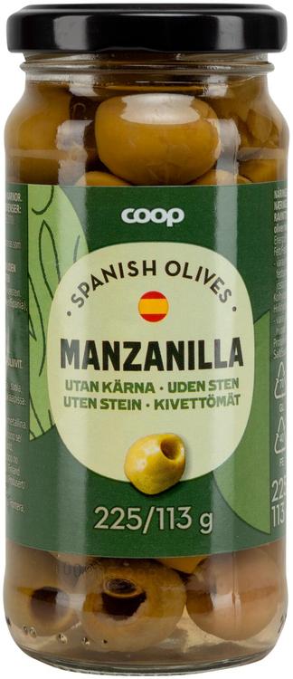 Coop Manzanilla vihreät kivettömät oliivit 225/113g