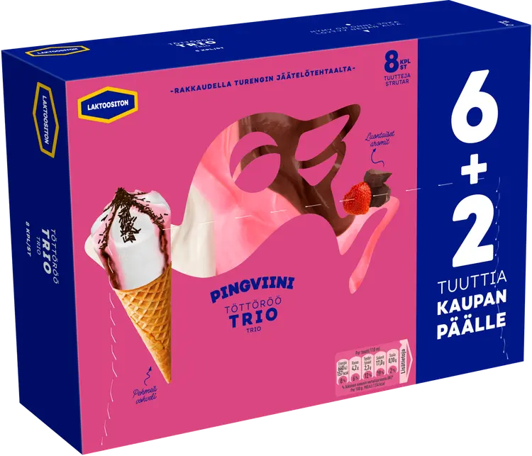 Pingviini Trio Laktoositon jäätelötuutti monipakkaus 8x67g