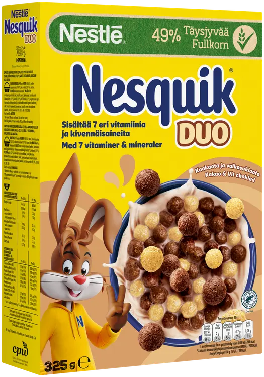 Nestlé Nesquik Duo 325g kaakaomuroja ja valkoisella suklaalla kuorrutettuja muroja