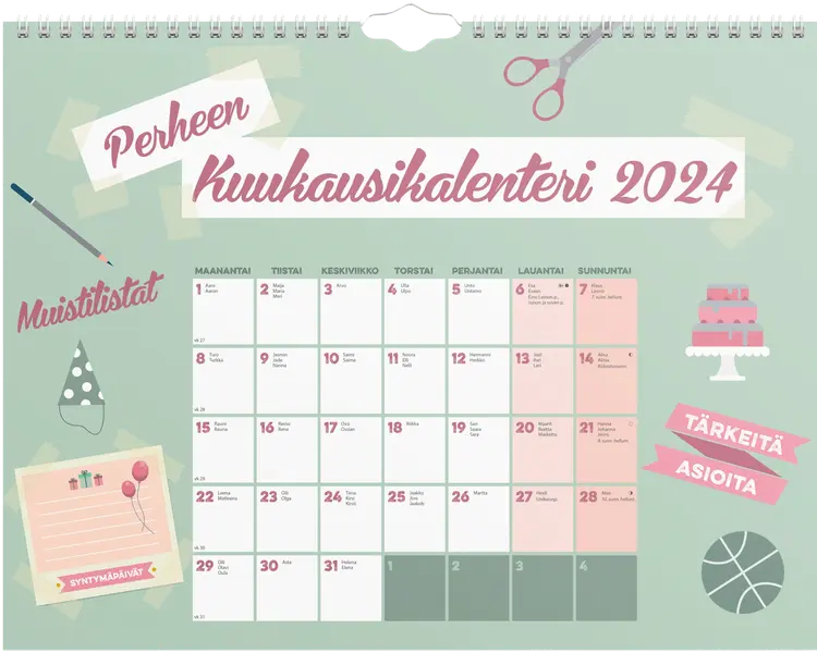 Burde perhekalenteri 2024 Perheen kuukausikalenteri
