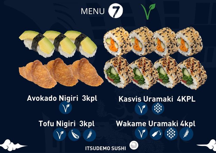 Itsudemo sushi box, 3*Avokado nigiri, 3*Tofu nigiri, 4*Kasvis Uramaki, 4* Wakame Uramaki