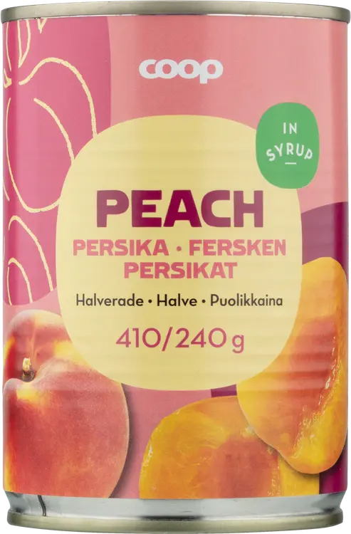 Coop persikat puolikkaina sokeriliemessä 410/240 g
