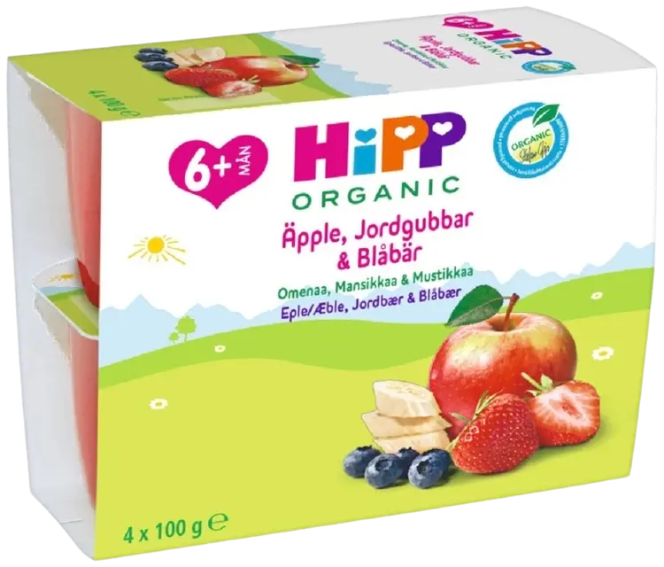HiPP 400g Luomu Fruit Break Omenaa, Mansikkaa ja Mustikkaa 4x100g 6kk
