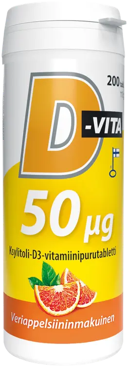 D-Vita 50 µg veriappelsiininmakuinen 200 tabl ksylitoli-D3-vitamiinipurutabletti, Vitabalans