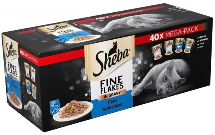Sheba Fine Flakes 40x85g sis. Lohta, sis. Valkokalaa, sis. Tonnikalaa, sis. Turskaa, täysravintoa aikuisille kissoille