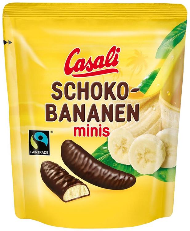 Casali Suklaabanaani mini 110 g suklaakuorrutettuja banaanivaaahtomakeisia