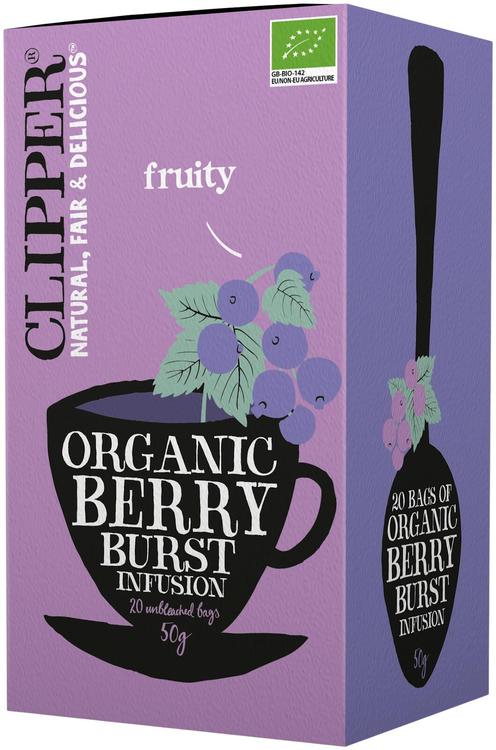 Clipper Berry Burst. Mustaherukan- ja vadelmanmakuinen maustettu luomuhauduke 50g / 20 pussia