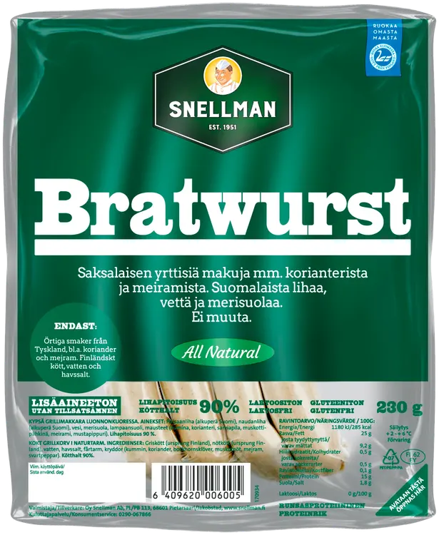 Snellman All Natural Bratwurst grillimakkara 230g