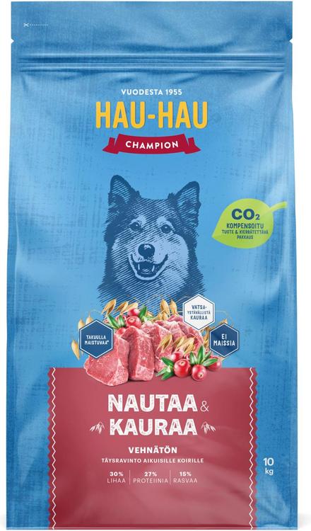 Hau-Hau Champion Nautaa ja kauraa täysravinto aikuisille koirille 10 kg