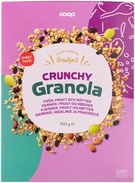 Coop crunchy granola siemeniä, hedelmiä ja pähkinöitä 750 g