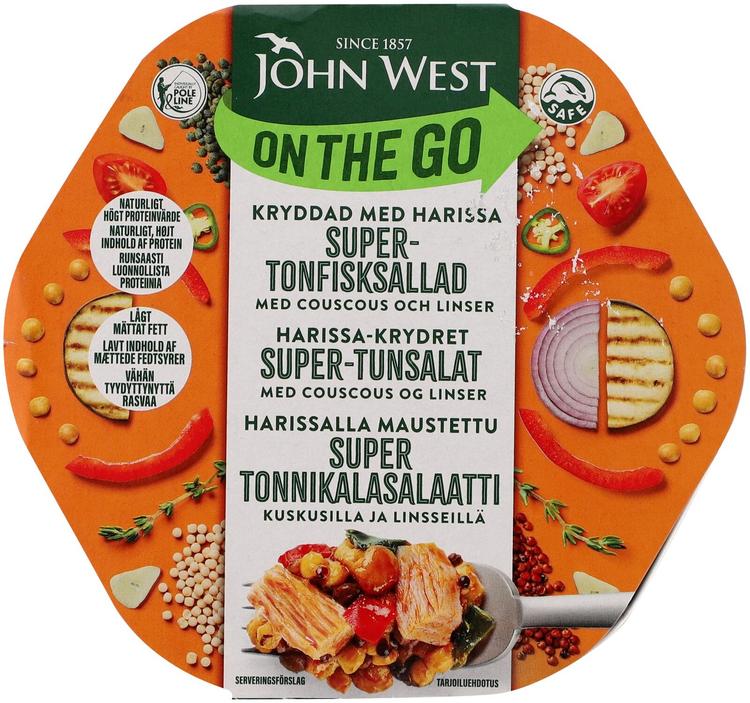John West On The Go Harissalla maustettu super tonnikalasalaatti kuskusilla ja linsseillä 220g