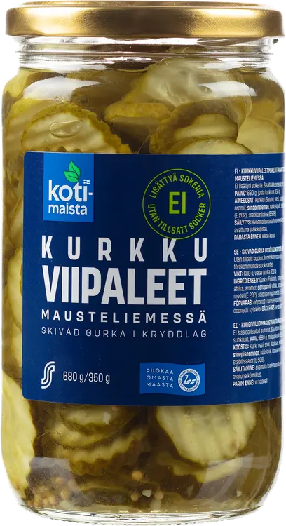 Kotimaista kurkkuviipaleet mausteliemessä, ei lisättyä sokeria 680/350 g