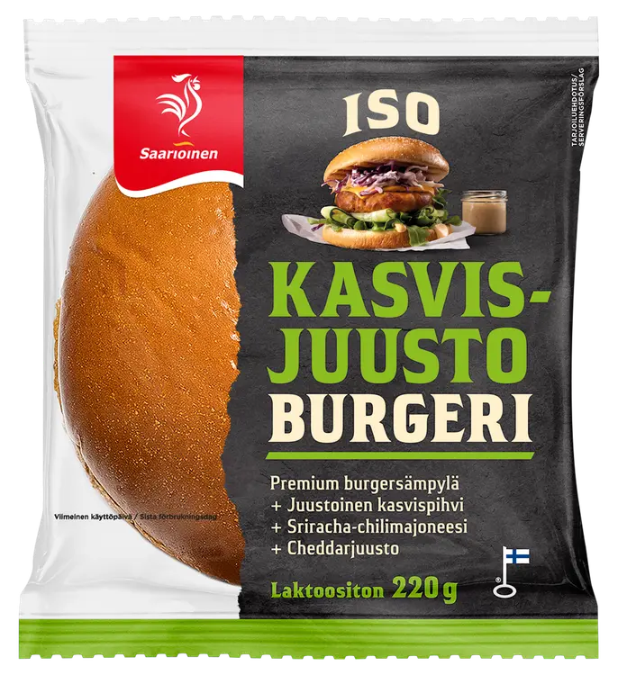 Saarioinen ISO Kasvis-juusto Burgeri; kasvis-juustohampurilainen 220g
