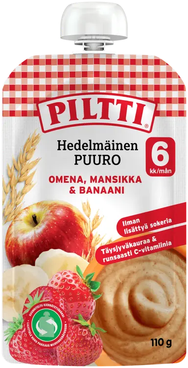 Piltti 110g Hedelmäinen Puuro Omena-mansikka-banaani 6kk annospussi