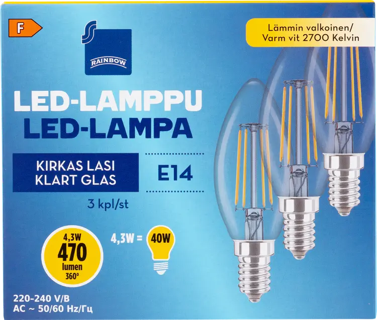 Rainbow LED-kynttilälamppu 4,3W E14 2700K 470lm kirkas lasi 3kpl