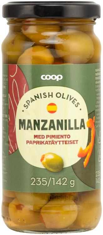 Coop Manzanilla rohelised oliivid paprikatäidisega, 235 g