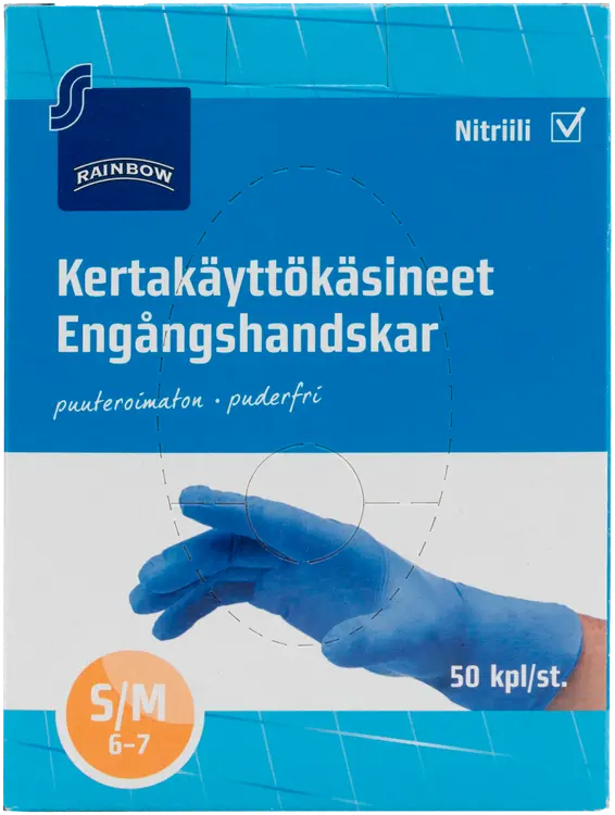 Rainbow kertakäyttökäsineet S/M puuteroimaton 50kpl