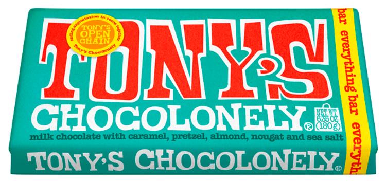 Tony's Chocolonely Greatest bits Maitosuklaa karamelli-mantelirinkeli merisuola 180g