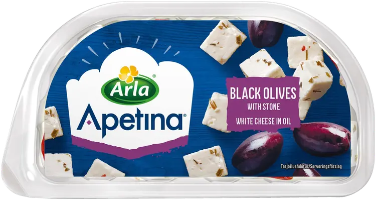 Apetina 100/60g snack salaattijuusto kuutioina ja mustia oliiveja ölymarinadissa.