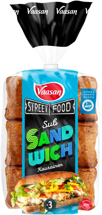 Vaasan Street Food Sub Sandwich Kaurainen 240 g 3 kpl kauraisa sämpylä