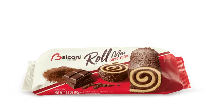 Balconi ROLL MAX CACAO - KÄÄRETORTTU KAAKAOKREEMITÄYTTEELLÄ, LIKÖÖRILLÄ JA SUKLAANMAKUISELLA KUORRUTTEELLA .