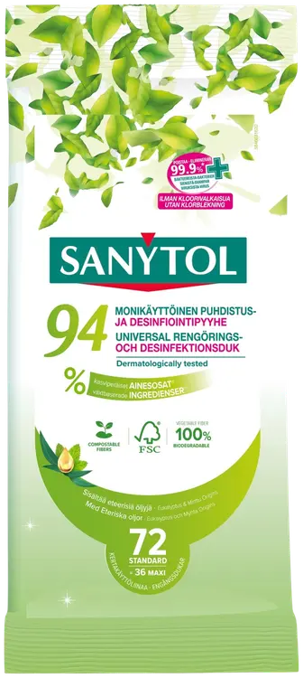 Sanytol Monikäyttöinen puhdistus- ja desinfiointipyyhe, 94% kasviperäiset ainesosat, 72 kpl