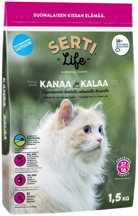 SertiLife Kanaa ja kalaa, kotimainen täysravinto kaikille aikuisille kissoille.