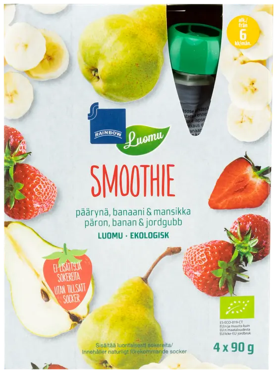 Rainbow smoothie päärynä, banaani & mansikka luomu 360 g 4-pack 6 kk