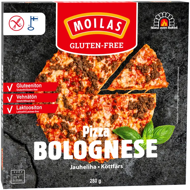 Moilas Gluten-Free Pizza Bolognese 280 g, esipaistettu pakaste