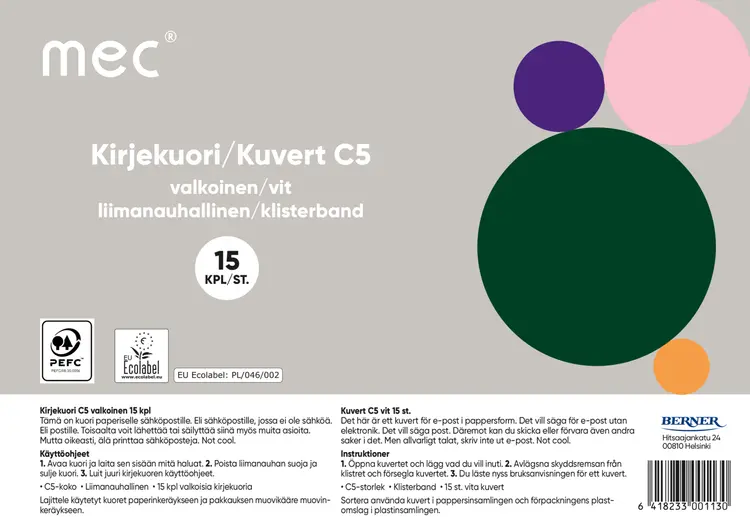 Mec Kirjekuori C5 valkoinen 15kpl